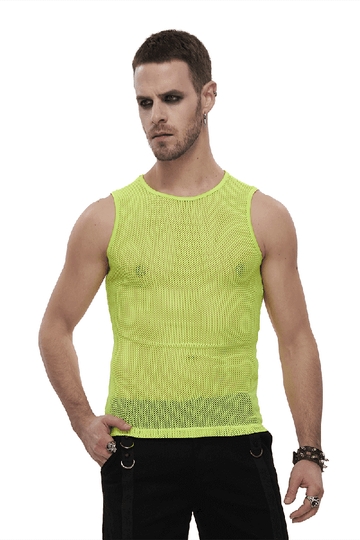 Yellow Men's Sleeveless Mesh Tank: Punk Round Neck Top